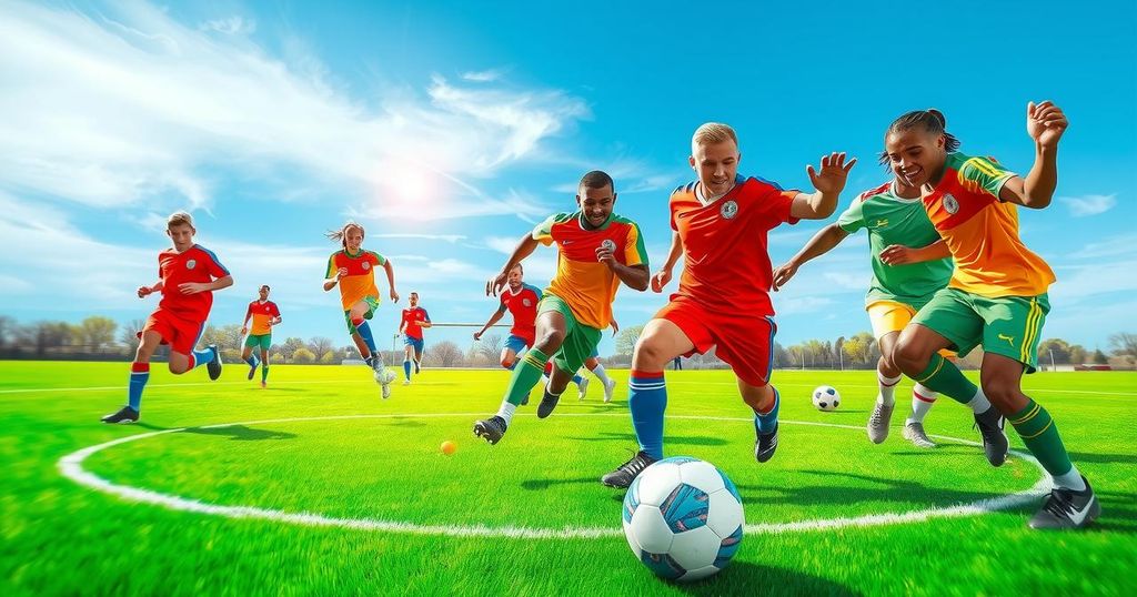 A dynamic soccer scene depicting a women's international match, showcasing teamwork and athleticism on the field.