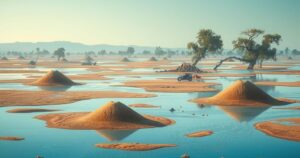 A calm Niger landscape with debris and waterlogged land after flooding, showcasing a serene environment and nature.