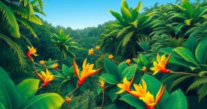 A vibrant Brazilian landscape showcasing lush greenery, tropical flowers, and a clear blue sky with artistic brushstroke style.