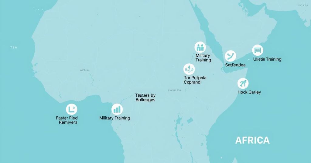 Map showing Ukraine's embassy locations in Africa, emphasizing diplomatic strategy and food aid initiatives.