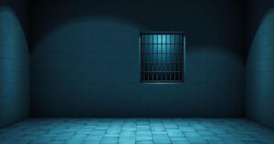 A dark prison cell with a single barred window, depicting a somber atmosphere and cool color tones.