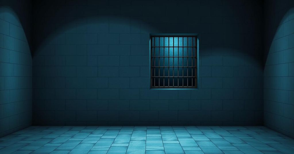 A dark prison cell with a single barred window, depicting a somber atmosphere and cool color tones.