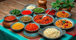 Moroccan cuisine with vibrant dishes, colorful spices, and various textures arranged elegantly on a table.