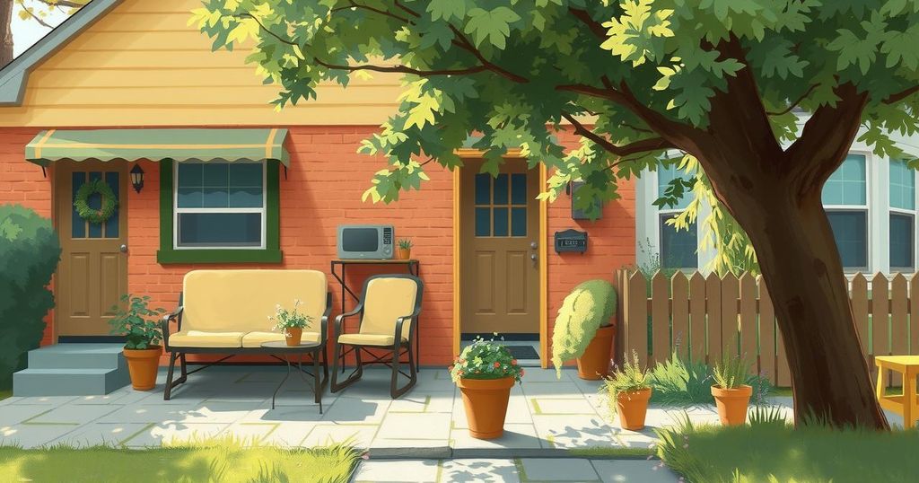 A serene neighborhood scene with a peaceful outdoor setting and a warm color palette, highlighting tranquility.