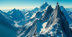 Mountain range with climbers, showcasing adventure, vibrant colors, in a landscape art style.