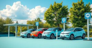 Electric vehicles charging in a green landscape, showcasing sustainability and eco-friendly mobility initiatives.