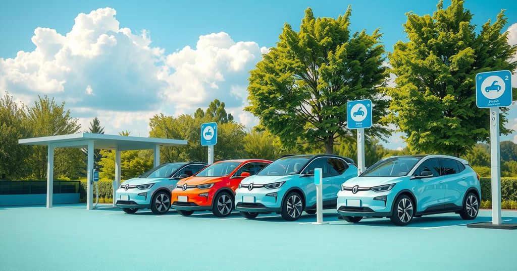 Electric vehicles charging in a green landscape, showcasing sustainability and eco-friendly mobility initiatives.