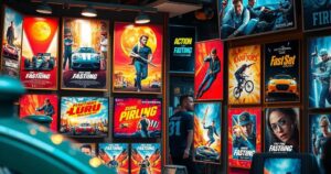 Action-packed thriller film slate displayed at a vibrant film market showcasing diverse genres in cinema.