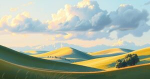A serene landscape featuring rolling hills and a dramatic sky in soft pastel colors, embodying tranquility and peace.