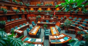 A political meeting scene with a focus on legislative discussions in a modern parliament chamber.
