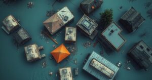 Aerial view of flooded city neighborhoods showing submerged buildings and debris after heavy rain in Kinshasa.