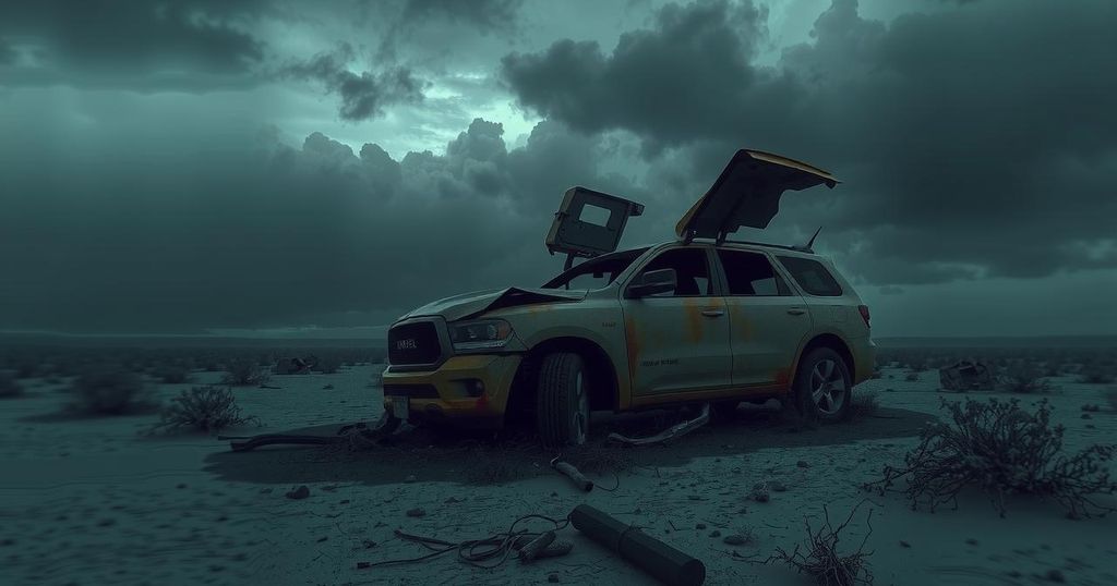 A dark, moody scene of a charred vehicle in a barren landscape, emphasizing themes of tragedy and loss.