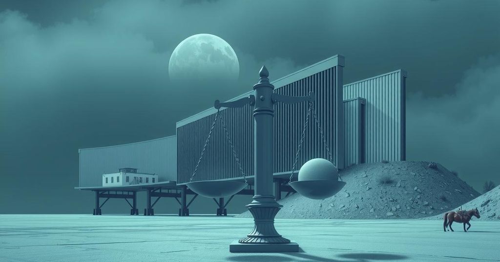 An abstract representation of U.S. immigration changes, featuring a border wall, detention centers, and judicial scales.