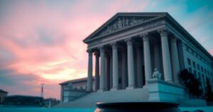 A silhouette of a courthouse with a gavel in the background, conveying justice and transparency.