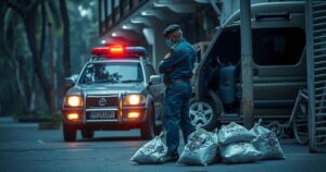 A police officer stands by a vehicle in Kerala, surrounded by evidence bags, representing an investigation and drug case.