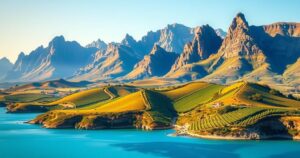 A scenic view of South Africa's landscapes blending mountains, vineyards, and coastlines with vivid colors.