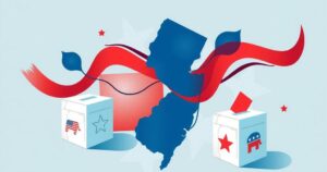 Abstract representation of New Jersey's political landscape with state outline, ballot boxes, and campaign colors.