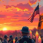 A peaceful protest scene with symbolic objects representing unity and justice, set against a warm sunset backdrop.