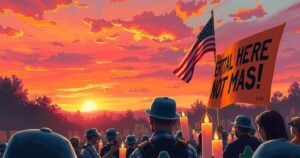 A peaceful protest scene with symbolic objects representing unity and justice, set against a warm sunset backdrop.