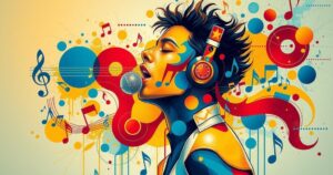 Colorful music-themed artwork depicting an abstract representation of a singer's journey in Uganda.