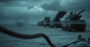 A military training ground with armored vehicles and weapons in a conflict zone, utilizing a dark color palette and realism style.