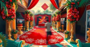 Cannes Film Festival with red carpet, glamorous setting, showcasing vibrant cinematic influence from Nigeria.