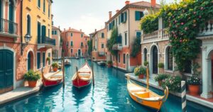 Venice's iconic canals, a luxurious wedding setting with opulent decor, serene atmosphere, and vibrant light.