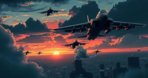 Dramatic sky over Tehran filled with military aircraft, depicting escalating tensions in the city.