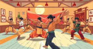 A vibrant martial arts training scene in Benin capturing energy and culture with warm colors and dynamic movements.