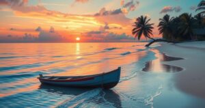 A serene Caribbean beach scene with a grounded boat and gentle waves under a tranquil sunset sky.