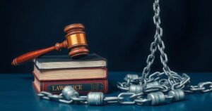 A symbolic representation of justice with a gavel, legal books, and chains, set against navy blue tones.