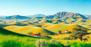 A serene landscape featuring Namibia's rolling hills with open polling stations among lush greenery during voting season.