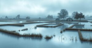 A serene landscape showcasing a quiet, flooded rural area in shades of blue and gray, surrounded by trees and distant hills.