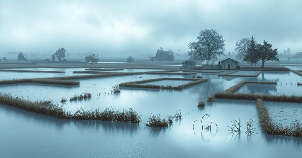 A serene landscape showcasing a quiet, flooded rural area in shades of blue and gray, surrounded by trees and distant hills.