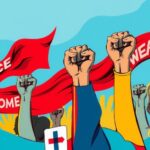 Colorful abstract illustration representing peaceful protests with banners and raised fists in vibrant hues.