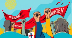 Colorful abstract illustration representing peaceful protests with banners and raised fists in vibrant hues.