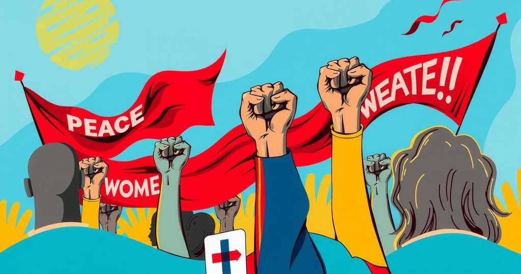 Colorful abstract illustration representing peaceful protests with banners and raised fists in vibrant hues.