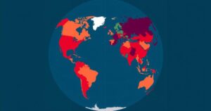 A stylized representation of a globe highlighting countries with travel restrictions in shades of red and orange.