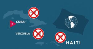 Travel restrictions illustrated by maps of Cuba, Venezuela, Haiti with blocked symbols, depicting immigration policy changes.