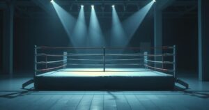 A serene boxing ring under soft lighting with gentle shadows, embodying a moment of reflection and remembrance.