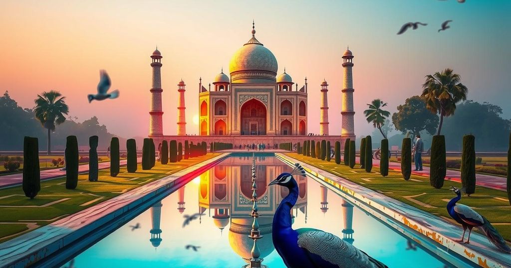 A vibrant scene depicting the Taj Mahal at sunrise with peacocks nearby, reflecting a lively family visit experience.