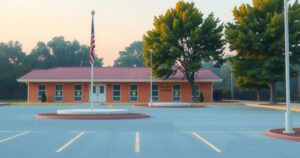 A serene view of a quiet polling station at dawn, featuring a building with a welcoming atmosphere, amid soft pastel colors.