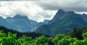 A serene landscape of mountains with an overcast sky and lush greenery, symbolizing peace and honor for veterans.