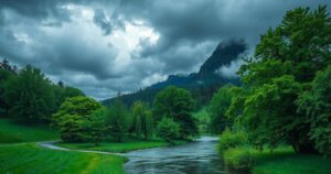 A serene landscape depicting heavy rainfall in a natural setting with lush greenery and rising creeks under dark clouds.