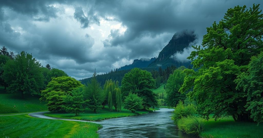 A serene landscape depicting heavy rainfall in a natural setting with lush greenery and rising creeks under dark clouds.