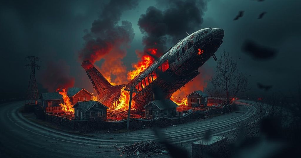A burning aircraft wreckage amidst a residential area, smoke rising, showcasing the aftermath of a tragic incident.