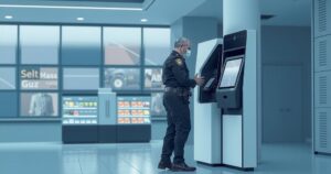 A police officer stands beside a Point of Sale machine in an empty store, focusing on security measures.