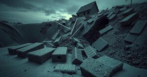 A distressed sand pit with fallen debris and scattered bricks under a cloudy sky during twilight hours.