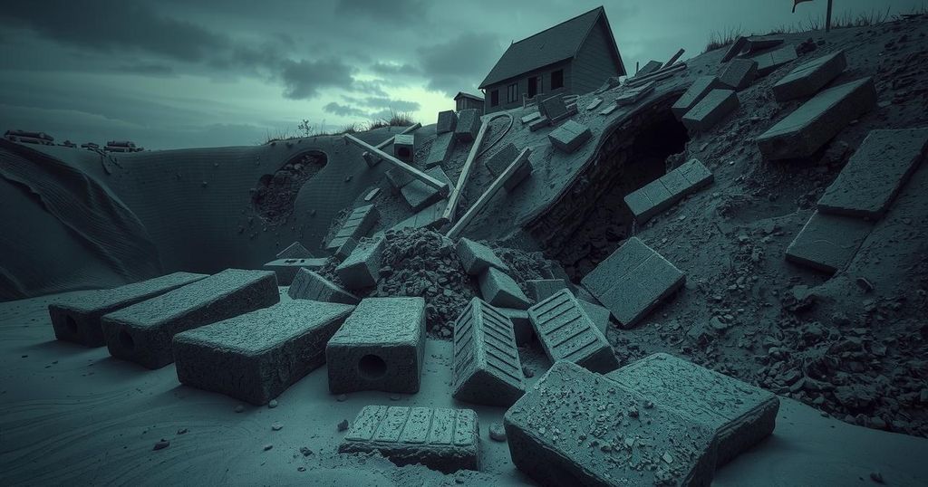 A distressed sand pit with fallen debris and scattered bricks under a cloudy sky during twilight hours.