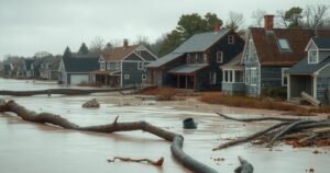 Devastating flood aftermath in Eastern Cape, South Africa, with destroyed homes and muddy landscapes.